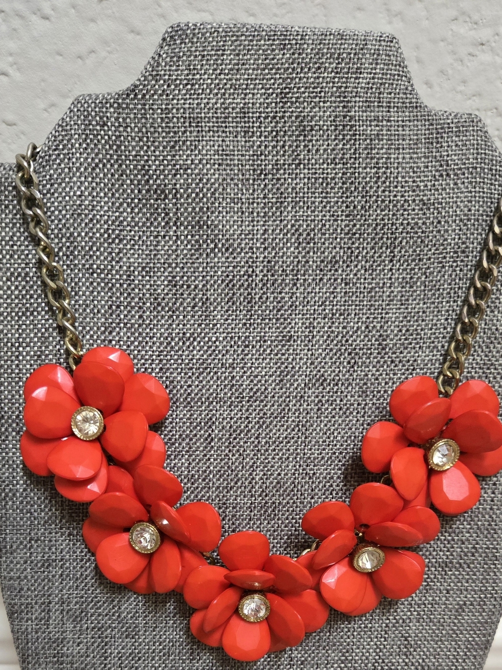 Statement Red Flower Necklace Gold Tone Rhinestone Floral 20"